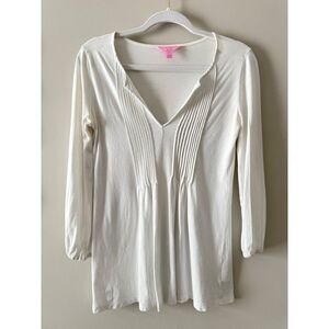 Lilly Pulitzer Tunic Top Pleated VNeck Long Sleeve White Size Extra Small Cotton